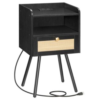 منضدة مع محطة شحن, طاولة نهاية حديثة, درج فليب وأفتح المقصورة, تصميم التهوية راتان, طاولة السرير لغرفة النوم, مكتب, غرفة الدراسة,أسود