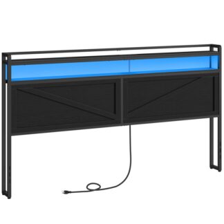 اللوح الأمامي بحجم كينغ, اللوح الأمامي مع محطة الشحن وشريط ضوء LED, 2-اللوح الأمامي لتخزين الطبقة مع منافذ ومنافذ USB, النمط الصناعي, الارتفاع قابل للتعديل, لأسرة بحجم الملك,