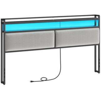 Gepolstertes King-Size-Kopfteil, Stauraum-Kopfteil mit Ladestation und verstellbaren LED-Leuchten, 2 Standard-Outlets und 2 USB-Anschlüsse, Nur King-Kopfteil, Einfache Montage, Schwarz und