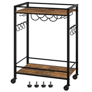 барная тележка, Home Bar Cart Cart, тележка с напитками, кухонная тележка с 6 крючки, тележка для напитков с винной стойкой и стаканом, Винная тележка для кухни, гостиная, деревенский коричневый и черный