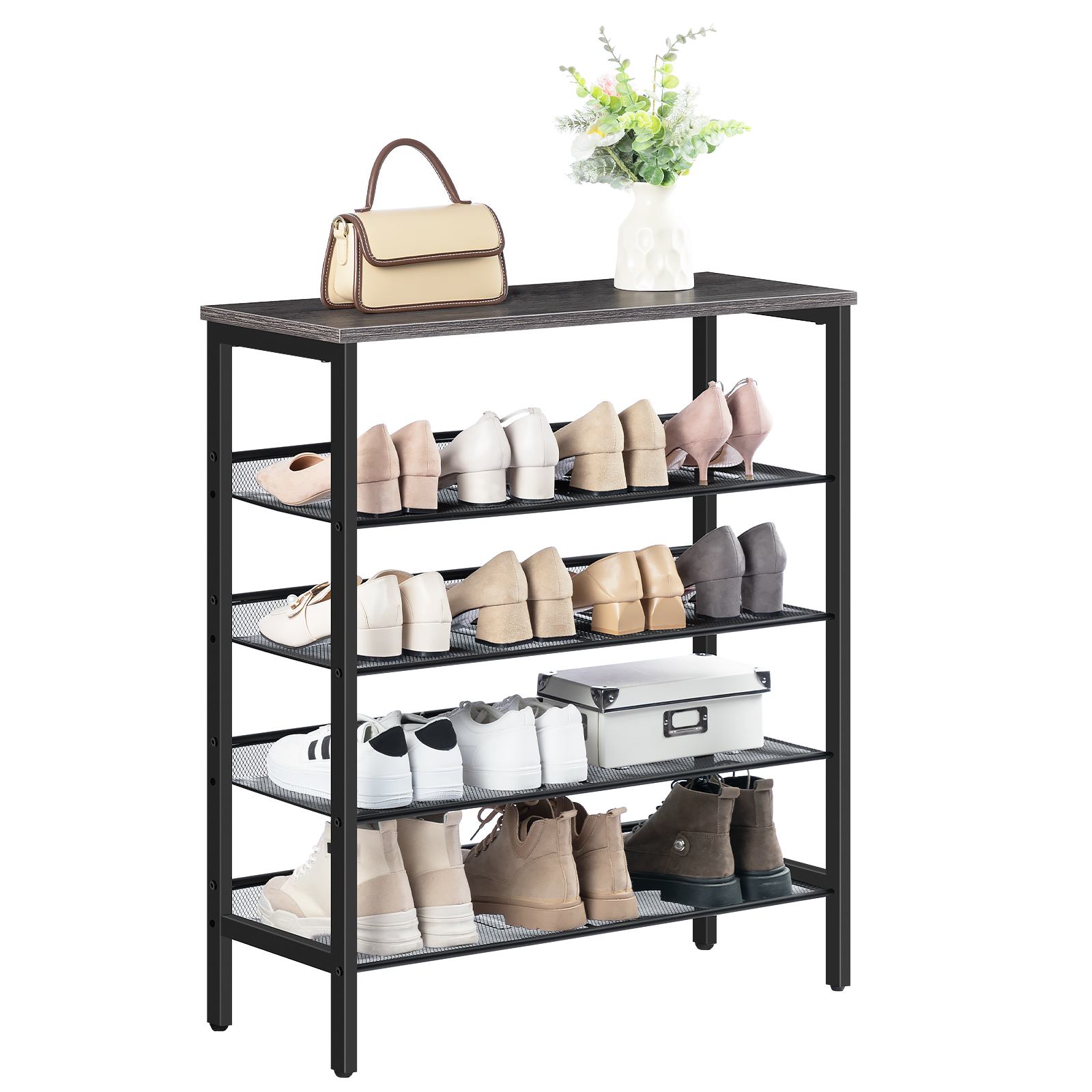5-Tier Adjustable Shoe Rack, Flat & Slant Mesh Shelf Storage Unit, Accommodates 16 Pairs, Durable Stable Structure, Industrial Style, Charcoal Gray, for Entryway, Hallway, Closet, Dorm Room