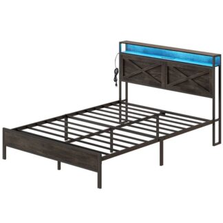 Каркас кровати королевского размера, рама кровати со станцией зарядки и светодиодными огнями, изголовье с 2-уровневыми полками, тяжелая кровать, без шума, Легкая сборка, Вставки не требуются, угольный черный и черный