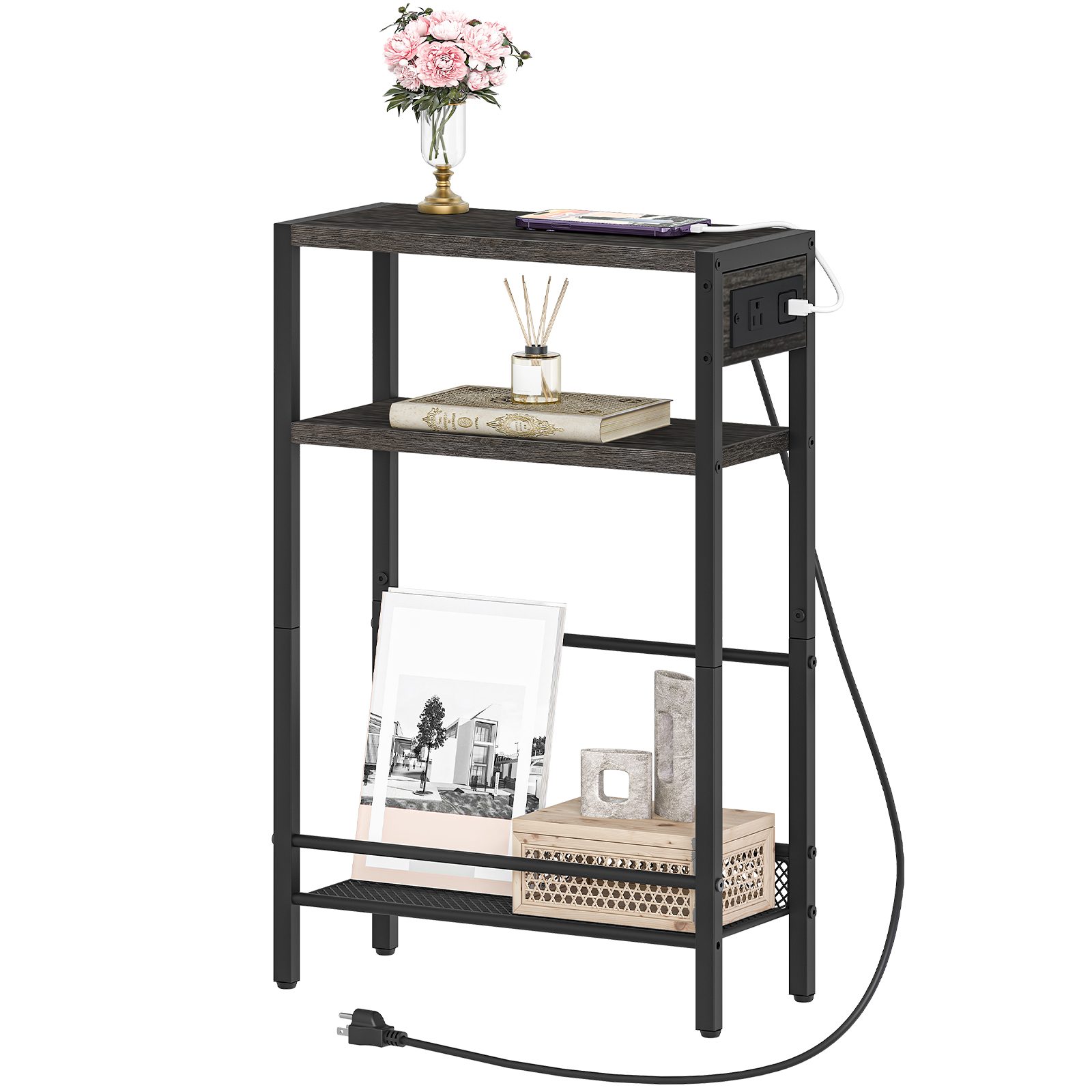HOOBRO Small Narrow Side Table with Charging Station, Skinny End Table for Small Spaces, Slim Nightstand with USB Ports Outlet, Sofa Beside Table with Storage Shelf,Black and Charcoal Black BC102UBZ01