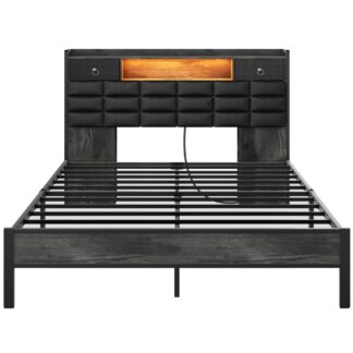 Угольная кровать с черной королевой, Каркас кровати с изголовкой хранения книжных шкафов и зарядной станцией, Светодиодная рама кровати с обившимся изголовками и 2-уровневыми полками, Тяжелая металлическая рама