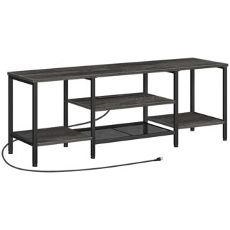tv stand with power outlets to 65 inches, tv console table with open storage shelves, industrial media entertainment center for living room bedroom, charcoal gray and black