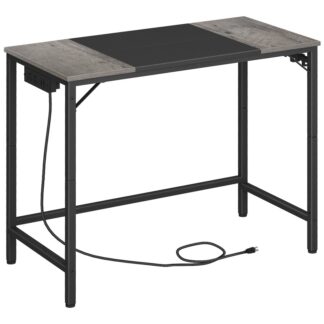 HOOBRO Computer Desk, Home Office Desk with Power Outlet, Modern Study Writing Desk with 3 Hooks for Study Room, Home Office, Sturdy and Stable, Easy to Assemble, Charcoal Gray and Black