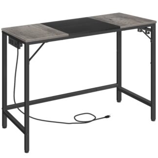 HOOBRO Computer Desk, Home Office Desk with Power Outlet, Modern Study Writing Desk with 3 Hooks for Study Room, Home Office, Sturdy and Stable, Easy to Assemble, Charcoal Gray and Black
