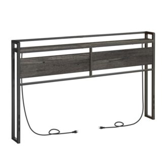 king size headboard, headboard with 2 outlets and 4 usb ports, adjustable height, storage rack, sturdy and stable, easy assembly, charcoal gray and black