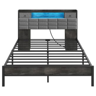 Серые угольные кровать, Каркас кровати с изголовкой хранения книжных шкафов и зарядной станцией, Светодиодная рама кровати с обившимся изголовками и 2-уровневыми полками, Тяжелая металлическая рама