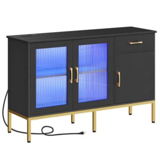 خزانة بوفيه مع منفذ الطاقة, 47.2" خزانة تخزين جانبية للمطبخ & ضوء LED, الأبواب الزجاجية, طاولة وحدة تحكم لخزانة بار القهوة لدخول الردهة, الأسود والذهبي