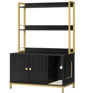 حاوية صندوق القمامة الكبير والذهبي الأسود والذهبي مع 2 أرفف تخزين, أثاث صندوق القمامة الخشبي, أثاث صندوق القمامة المخفي مع وسادة الخدش, قوي ومتين