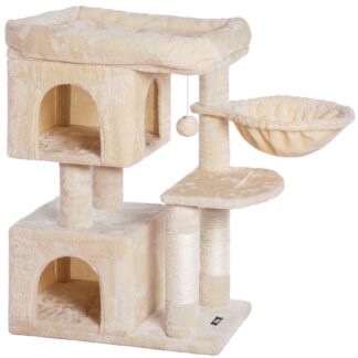 Kissapuu suurille kissoille, kissan torni 2 Pehmahuoneistot ja sisal naarmuuntuvat pylväät, kissan aktiviteettipuu, vapauta kissojen luonne, Vakaa talo, jossa on oppituntipakkaus, beige