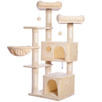 kissan torni, 57 tuumainen kissapuu 2 Pehmahuoneistot ja sisal naarmuuntuvat pylväät, Kissanpentujen ja lemmikkieläinten kissatornihuonekalut, vapauta kissojen luonne, Vakaa talo, jossa on oppituntipakkaus