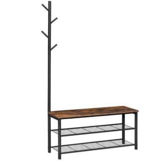 مقعد الأحذية رف المعطف, 39.5" مقعد تخزين المدخل, 3-رف الأحذية من الدرجة والمعطف مع أرفف الشبكات المعدنية, مقعد الطين, 3 في 1 مقعد ريفي للمراب, بهو, مدخل, غرفة نوم