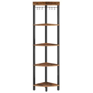 5 Tier Corner Shelf Stand, Industrial Corner Bookshelf Display Shelf, Corner Storage Rack Tall Plant Stand, Corner Bookcase for Small Spaces, Rustic Brown and Black