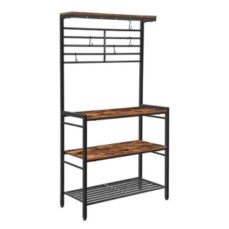 bakers rack, microwave stand, kitchen storage shelf rack with hooks, coffee bar, 4 shelves and mesh panel, adjustable feet, for kitchen, living room, coffee station, rustic brown