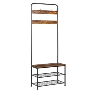 Frakke rack sko bænk, Arrangør af rørstil og arrangør af rørstil, Indgangsopbevaringshylde med unikke dobbeltkroge, Trælook accentmøbler med metalramme, Industrielt design, Rustik brun