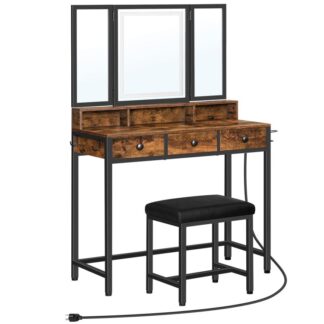 Set da scrivania per vanità, con specchio illuminato a LED e presa di corrente, Vanity Table con specchio a tre ante e 3 Cassetti, Sgabello per il trucco imbottito in spugna, per camera da letto, Rustico marrone e nero