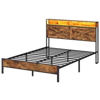 Sengeramme i fuld størrelse, Sengeramme med ladestation og LED-lys, Metalhylder skridsikre, Støjfri, Nem montering, Ingen boxfjedre nødvendig, Rustik brun og sort