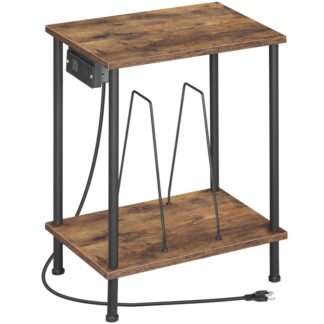 End Table with Record Holder, Record Player Stand with Charging Station, 2 Tier Record Player Table with Storage Up to100 Albums, Turntable Stand for Vinyls, Living Room, Rustic Brown