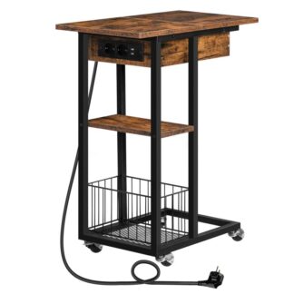 C -Form -Endtisch mit Ladestation, Flip-Top-Sofa-Seitentisch mit USB-Anschlüssen und -auslässen, hoher C -Tischendtisch mit Lagerregal für kleine Räume Wohnzimmer, Schlafzimmer, rustikales Braun