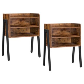 sada nočního stolku 2, stohovatelná koncová tabulka s 2 Otevřete přední úložné prostory, 3 Stoly pro postele pro malé prostory, Dřevěný vzhled přízvuku s kovovým rámem, rustikální hnědá