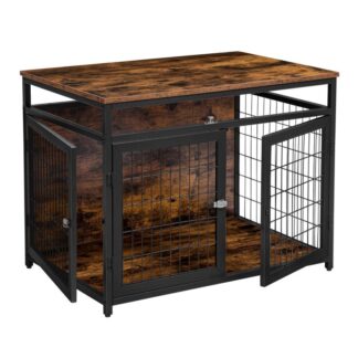 dog crate furniture, wooden dog crate, dog kennels with 3 doors indoor, decorative mesh pet crate end table for large/medium/small dog, chew-resistant, rustic brown and black