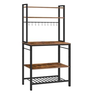 oven rack with 10 hooks, kitchen storage shelf rack with adjustable bottom shelf, 5 tier baker's rack with cross bars, large capacity, for microwave oven, rustic brown