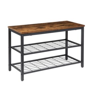 shoe bench, shoe rack with 2 mesh shelves, industrial shoe storage organizer, ideal for entryway, hallway, living room and corridor, easy assembly, rustic brown