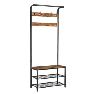 frakke stativ, Industrial Hall Tree, Indgangssko opbevaringshylde med bænk, Træ udseende accentmøbler med stabil metalramme, 3 i 1 design, Let samling, Rustik brun