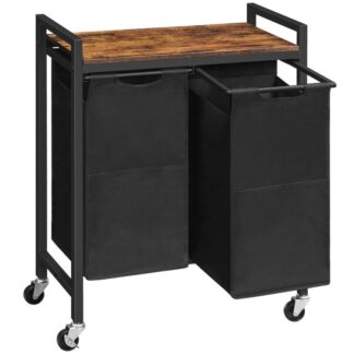 cesto della biancheria, Sorter del bucato 2 sezione, cestino del bucato con ruote, carrello mobile, Borse per lavanderia in tessuto oxford estraibili e rimovibili, rustico marrone e nero