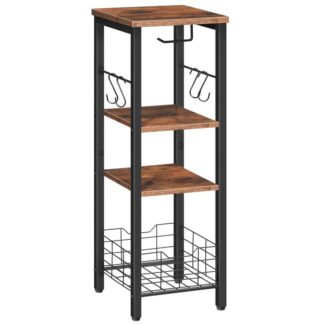 Держатель туалетной бумаги, 4-Организатор хранения ванной комнаты, Slim Storage Shelf с крючками S и, Узкая стойка для хранения с сетчатой ​​корзиной, Маленькая подставка для туалетной бумаги, деревенский коричневый и черный