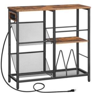 Record Player Stand, Turntable Stand with 3-Tier Vinyl Record Storage, End Table with Charging Station, Record Player Table Up to 150 Albums, for Living Room, Rustic Brown and Black