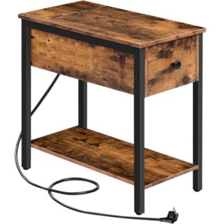 Table d'appoint avec station de recharge, Table de chevet avec prise et port USB, Table de canapé avec tiroir, Table décorative pour petits espaces, Salon, Chambre à coucher, Marron foncé