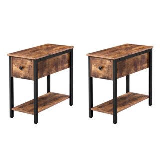 مجموعة من 2 طاولة نهاية ضيقة, 2-منضدة من الطبقة مع درج ورف, طاولة جانبية للمساحات الصغيرة, مستقرة وقوية, طاولة ذات مظهر خشبي في غرفة النوم, بني ريفي و