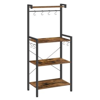 bakers rack for kitchen shelf with storage, 4 tier microwave stand, multifunctional baker's rack with 8 hooks, wooden kitchen storage shelf, stable metal frame, easy assembly, rustic brown