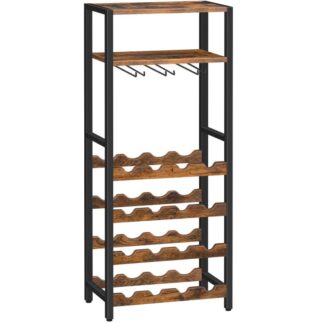 freestanding wine rack, 16-bottle wine storage rack with tabletop and glass holder, 6-tier bar rack, for kitchen, bar, dining room, rustic brown