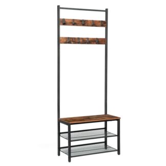 frakke stativ, Hall Tree Entryway Shoe Bench, Organisator for opbevaring hylde med 9 Fleksible kroge, Træ look accent møbler med metalramme, Let samling, Industrielt design, Rustik brun