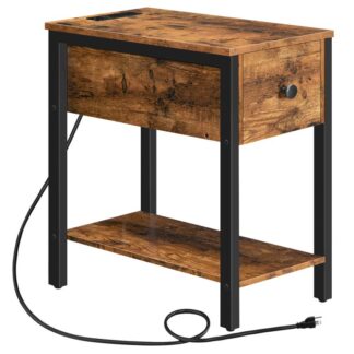 end table with charging station, narrow side table with drawer, usb ports and power outlet, nightstand for small spaces, living room, bedroom, stable and sturdy, rustic brown