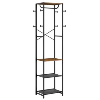 Frakke stativ, Frakke rack stand, Fritstående frakkestativ med 3 hylder og 8 Kroge, Tøjstativ, Hall træ til soveværelse, 40 x 28 x 181 cm, til indgangsparti, Industriel, Rustik brun og sort