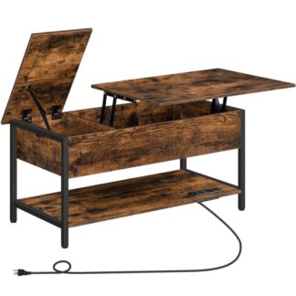 lift top coffee table, coffee table with charging station, coffee table with lift top and power outlet, center table for living room, office, reception room, rustic brown and black