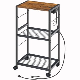 Rustikaler brauner 3-stufiger Druckerständer, Druckerständer mit Ladestation, Industrialdrucker Beistelltisch mit Holzdesktop, Drucker, Scanner, Fax -Speicherorganisator