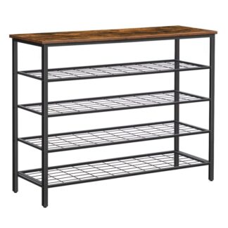 skostativ, 5-niveau skohylde, Industriel skoopbevaringsarrangør med 4 Metalnethylder, holdbar og stabil, Ideel til entryway, gang, skab, soveværelse, Let samling, Rustik brun