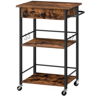 عربة المطبخ الجزيرة المتداول على عجلات, عربة المطبخ مع درج, 3-عربة تخزين الطبقة مع السنانير والمقبض, للمطبخ, غرفة العشاء, غرفة المعيشة, بني ريفي