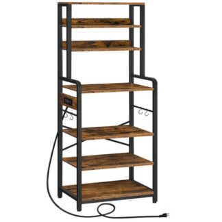 bakers rack with power outlet, 68.1inch height microwave stand with 4 s-shaped hooks, 7-tier kitchen storage shelf rack, coffee bar, for kitchen, living room, rustic brown