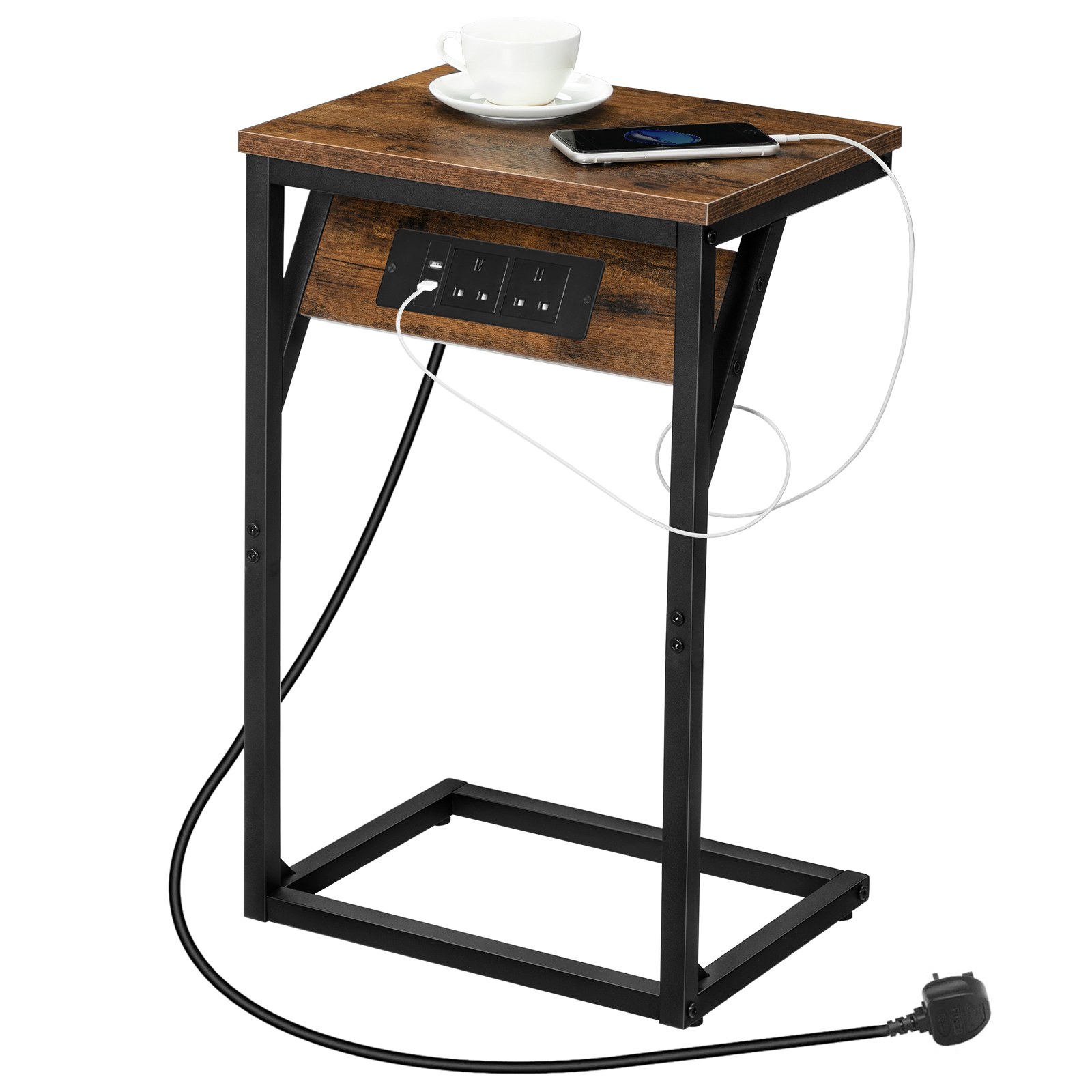 C Shaped Side Table, Sofa Side Table with Charging Station, 2 Plug Sockets and 2 USB Ports, Narrow Bedside Table for Small Spaces, Laptop Table for Sofa, Rustic Brown and Black