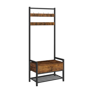 frakke stativ med opbevaringsskab, Hall Tree Entryway Organizer Storage Bench, Fritstående træ accent med metalkroge og ramme, Let samling, Industrielt design, Rustik brun