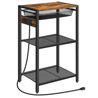 Vysoký koncový stůl s nabíjecí stanicí, Průmyslový telefonní stůl s nastavitelným kovovým košem, Noční stolk pro obývací pokoj s vysokým bočním stolem, Ložnice, Kancelář, Rustikální hnědá