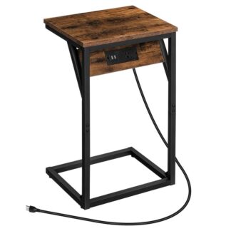 c-shaped end table with charging station, narrow sofa couch side table for small space, industrial bedside table with metal frame for living room, bedroom, dorm, rustic brown