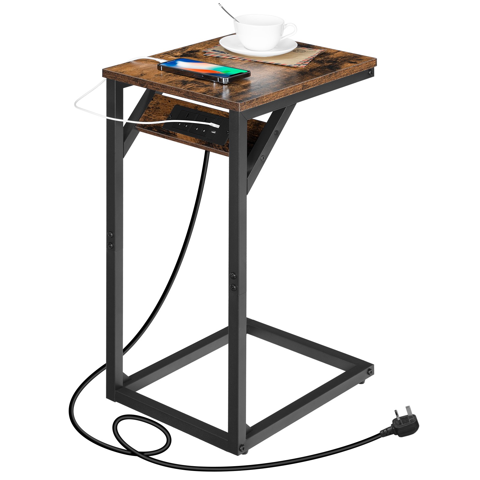 c shaped side table, sofa table with charging station, laptop table for sofa, 2 usb ports 2 ac outlets, narrow bedside table with power, living room, bedroom, rustic brown and black